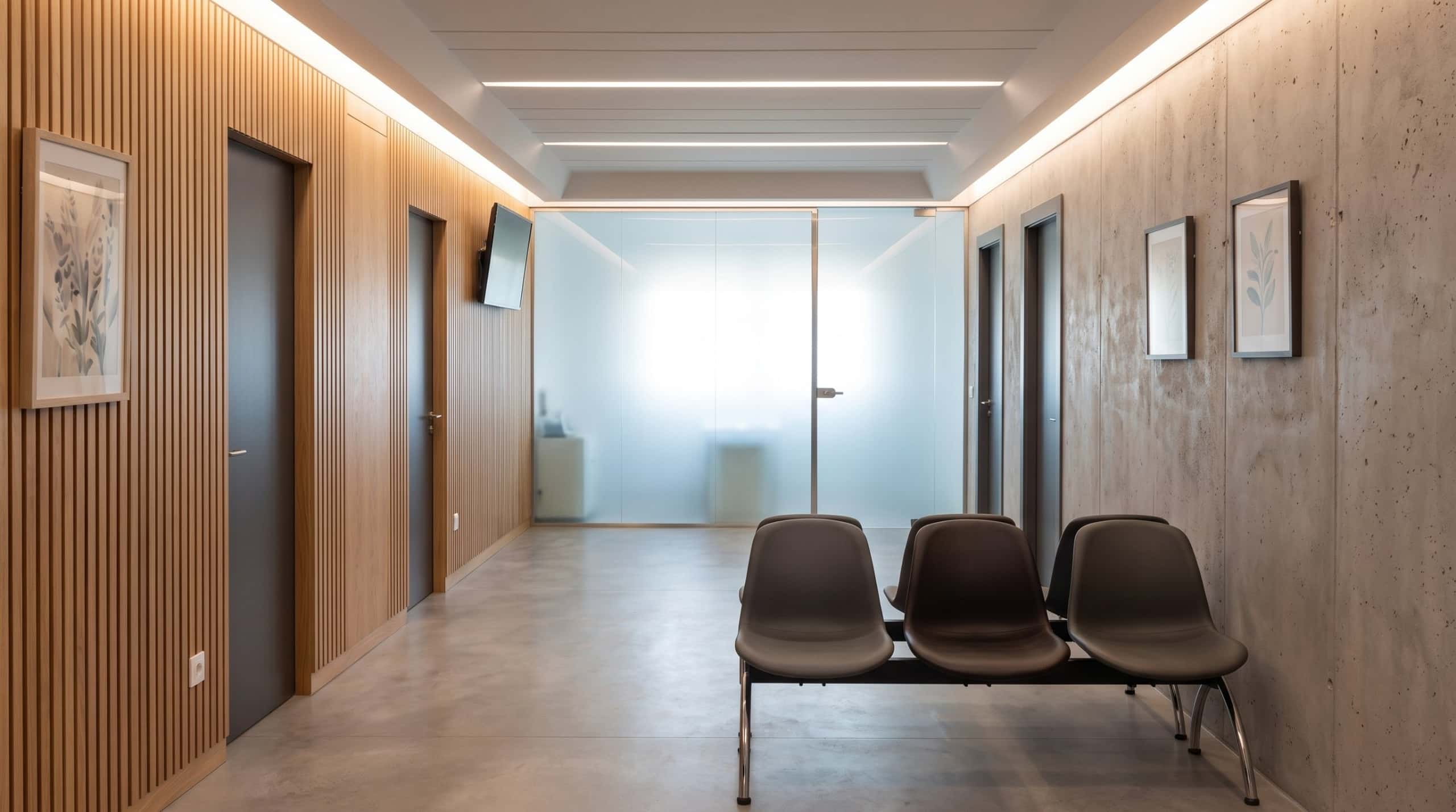 Sala de espera del centro médico de la calle Villarroel con revestimiento de madera y pared de vidrio translúcido que aporta luz natural