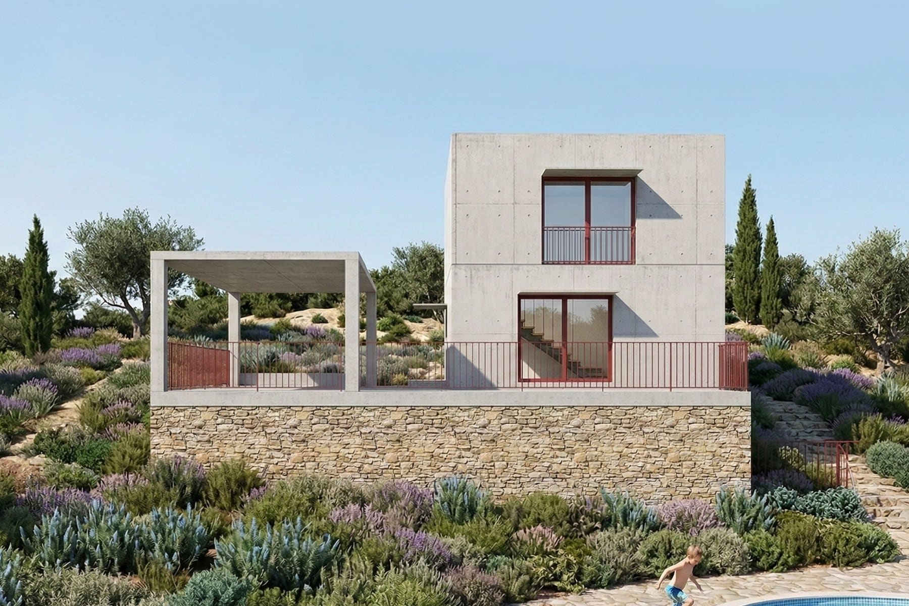 Casa prefabricada de hormigón de dos plantas en Creixell sobre un basamento de piedra, entre olivos