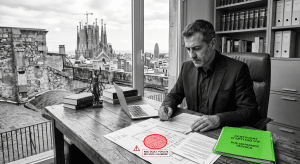 due diligence - Due Diligences Inspeccio Precompra advocat Architect or Lawyer conducting real estate due diligence in a Barcelona office with views of the Sagrada Familia through the window.