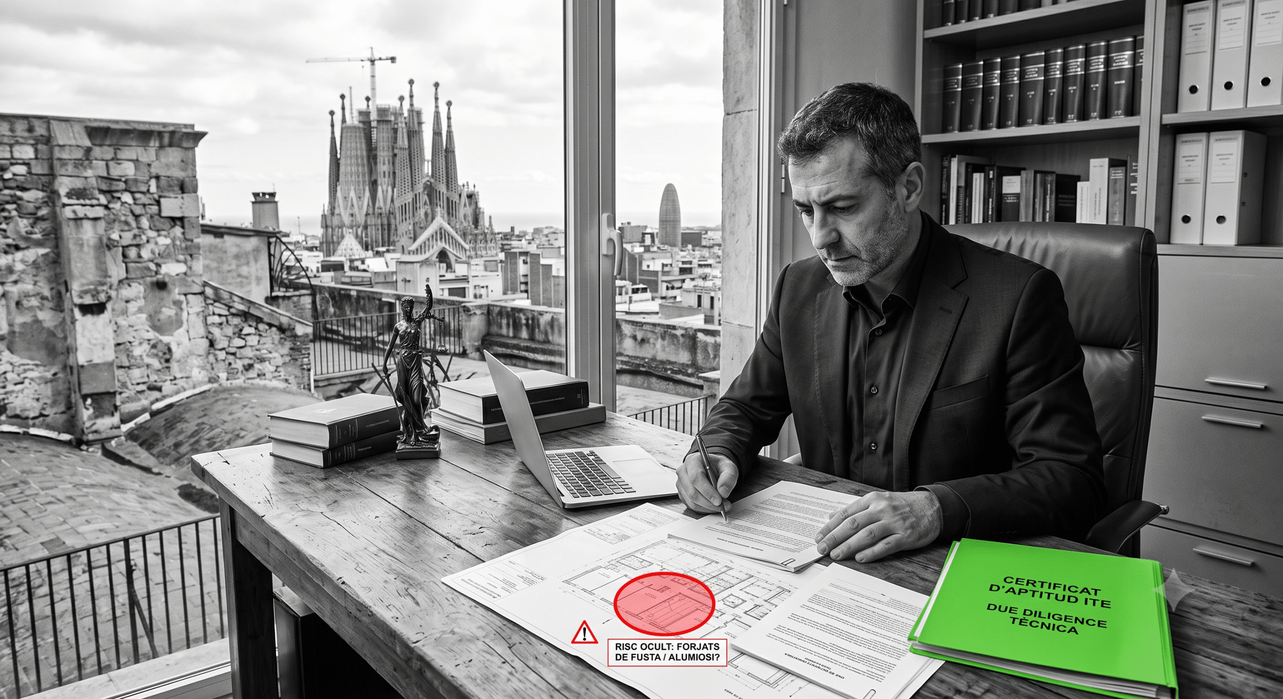 Abogado realizando una due diligence inmobiliaria en su despacho de Barcelona con vistas a la Sagrada Familia.