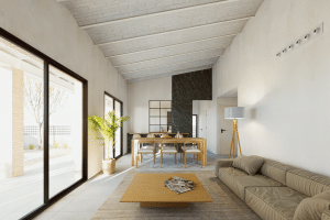 Salón con grandes ventanales, de techo alto i con bovedillas vistas