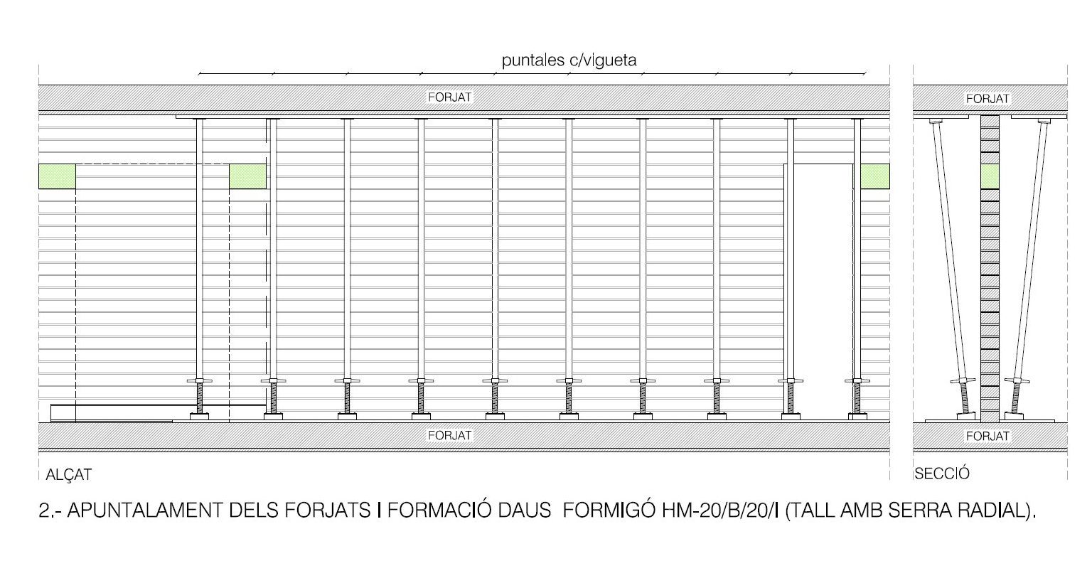 Pas 2 de l’estintolament: apuntalament del forjat i daus de formigó