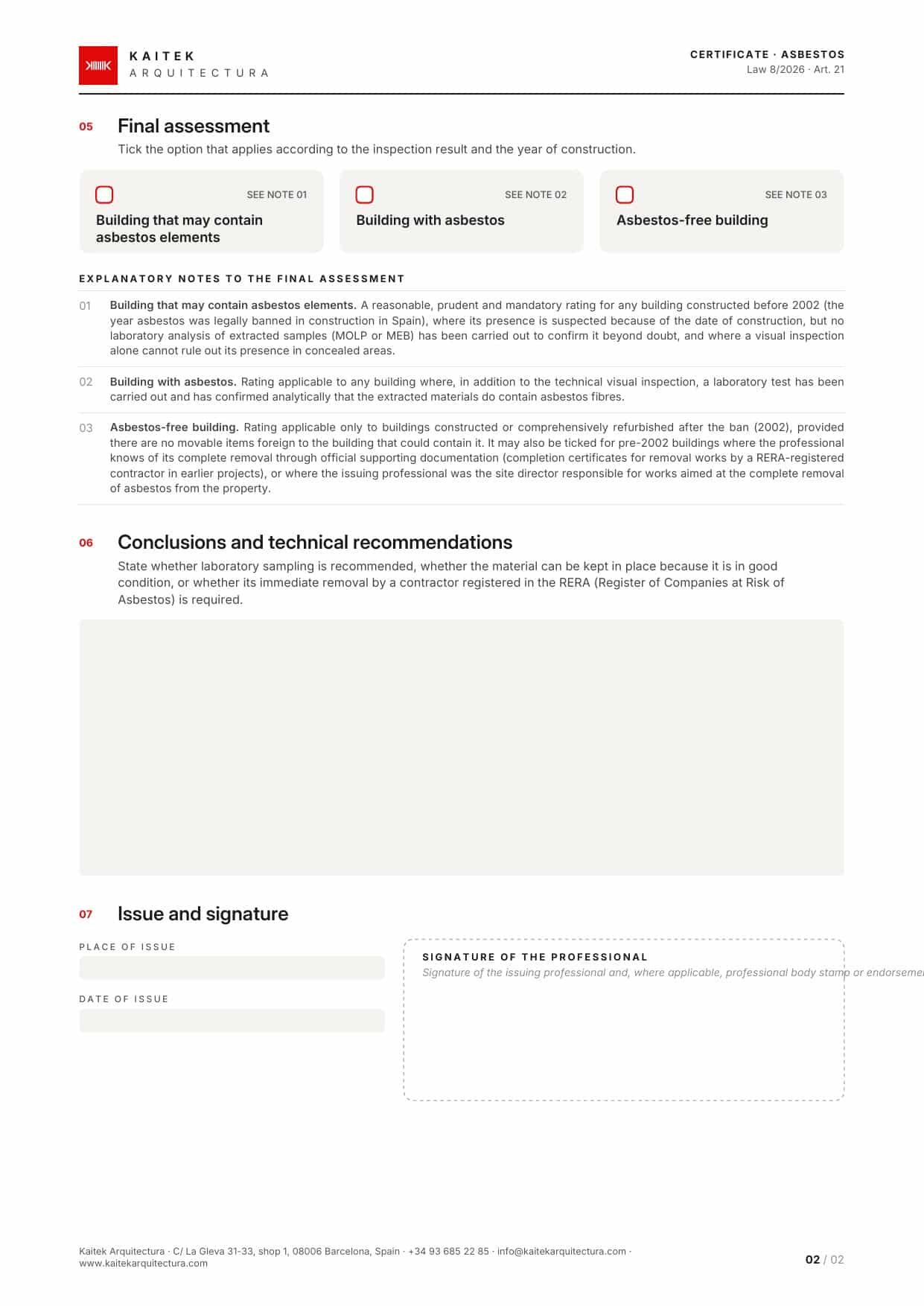 Asbestos certificate in Catalonia – Kaitek Arquitectura template, page 2 Asbestos certificate template for Catalonia, page 2: final assessment, conclusions and signature