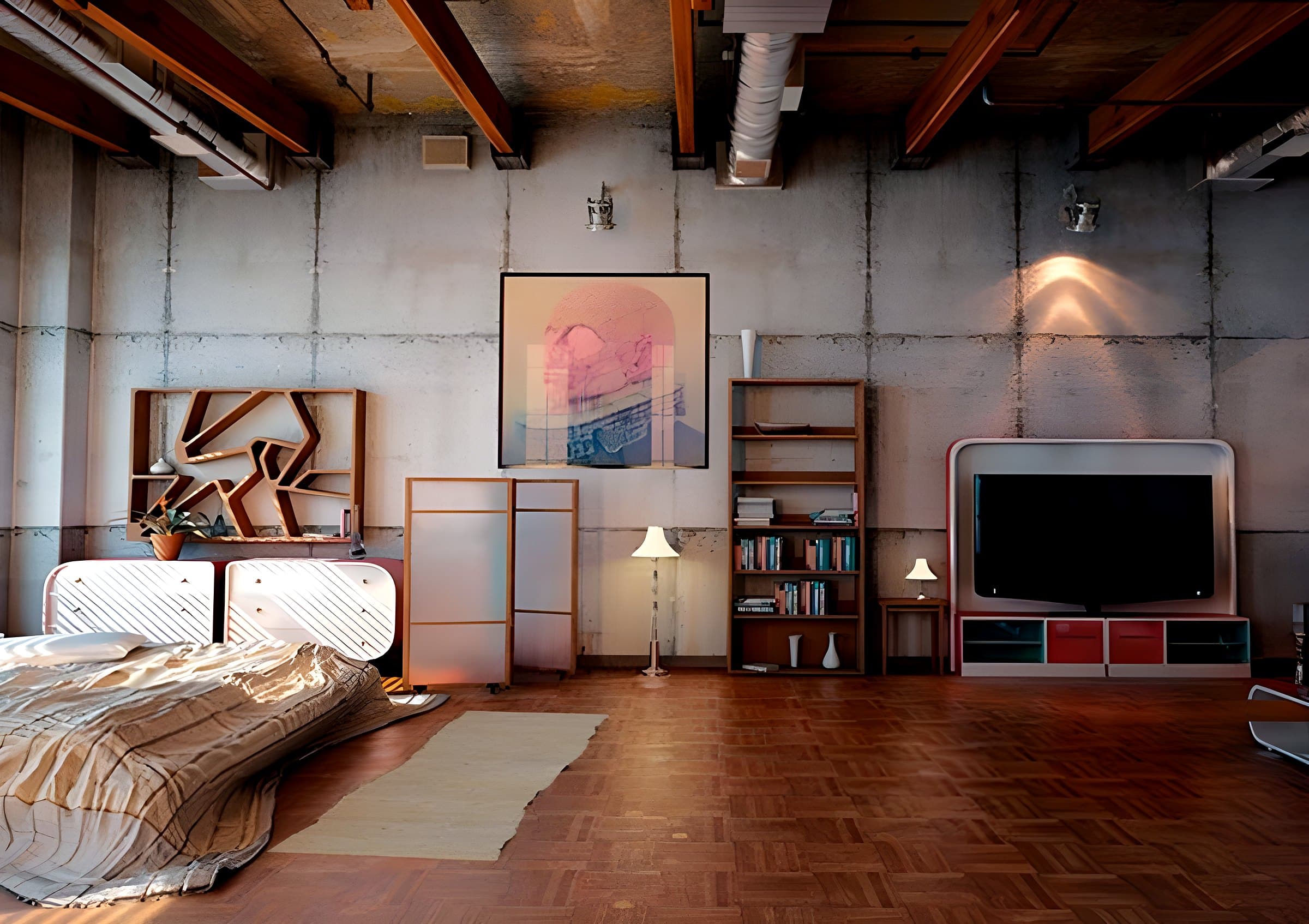 Convertir un local en habitatge a Barcelona: antic local reconvertit en loft amb bigues de fusta, parets de formigó i parquet