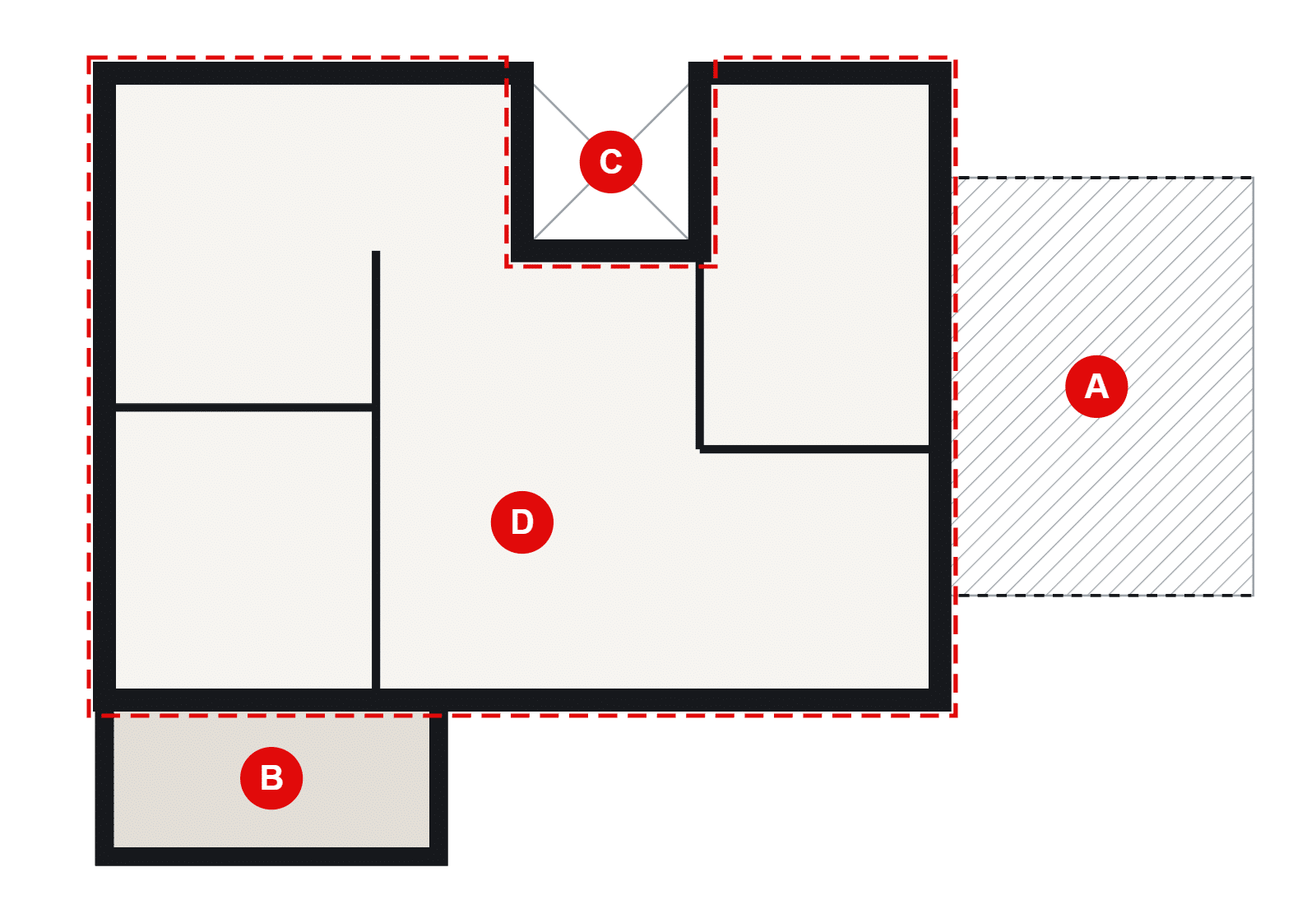 built area - superficie construida catastro terrazas patios Planta de una vivienda con la superficie construida según el Catastro: terraza cubierta abierta al 50 %, terraza cerrada por tres lados al 100 % y patio de luces descontado